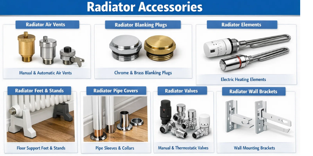 Display of radiator accessories: air vents, blanking plugs, heating elements, feet and stands, pipe covers, valves, wall brackets.