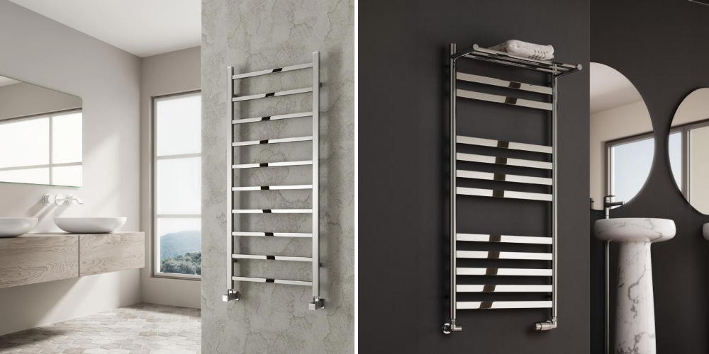 Two bathrooms with chrome towel warmers on textured walls: one bright neutral, one dark with round mirrors.