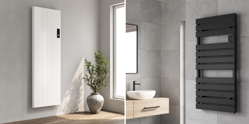Modern room split: left white vertical radiator by potted plant; right matte black radiator in minimalist bathroom.