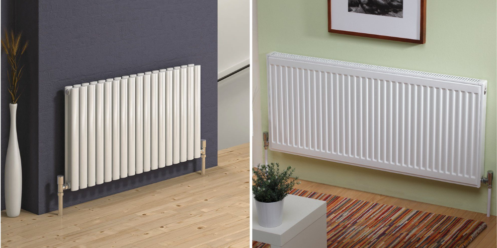 Two white radiator types: vertical pipes on dark wall, horizontal panels on light wall above a rug.