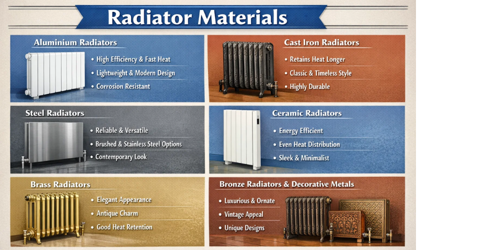 Infographic of radiator materials: Aluminium, Cast Iron, Steel, Ceramic, Brass, Bronze with images and key qualities.