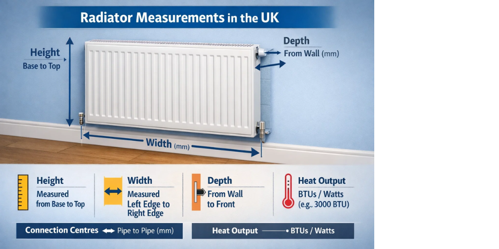 Diagram of UK radiator measurements showing height, width, depth, and heat output with measurement arrows.