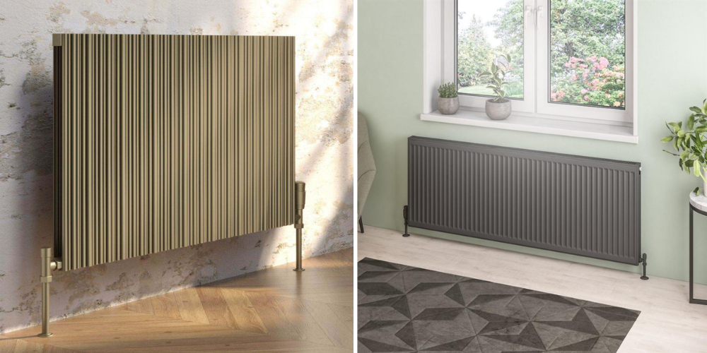 Modern radiators: vertical fluted gold radiator on wood floor; horizontal grey radiator beneath window.