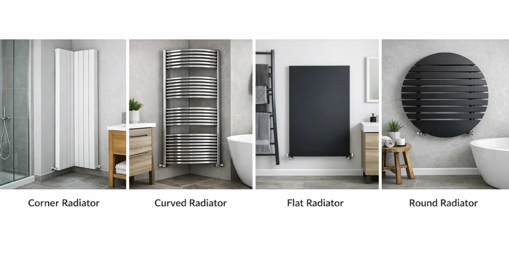 Comparison of four radiator styles: white corner, metallic curved, sleek flat black, round black with slats in modern bathrooms.