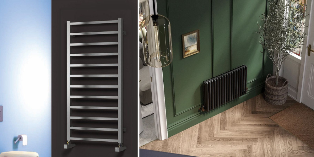 Collage of interiors: bathroom wall heater, silver towel rack on dark wall, and green hallway with black radiator