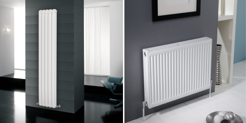 Split modern rooms: left white vertical radiator on dark wall; right horizontal radiator on grey wall with décor