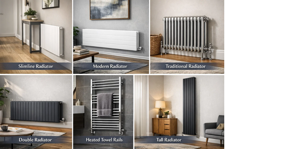 Six radiator styles displayed: slimline, modern, traditional, double, heated towel rails, tall, in homey settings.