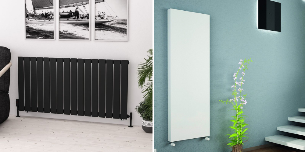 Black horizontal radiator under sailing art with plant on light wood floor; white vertical radiator on blue wall by staircase