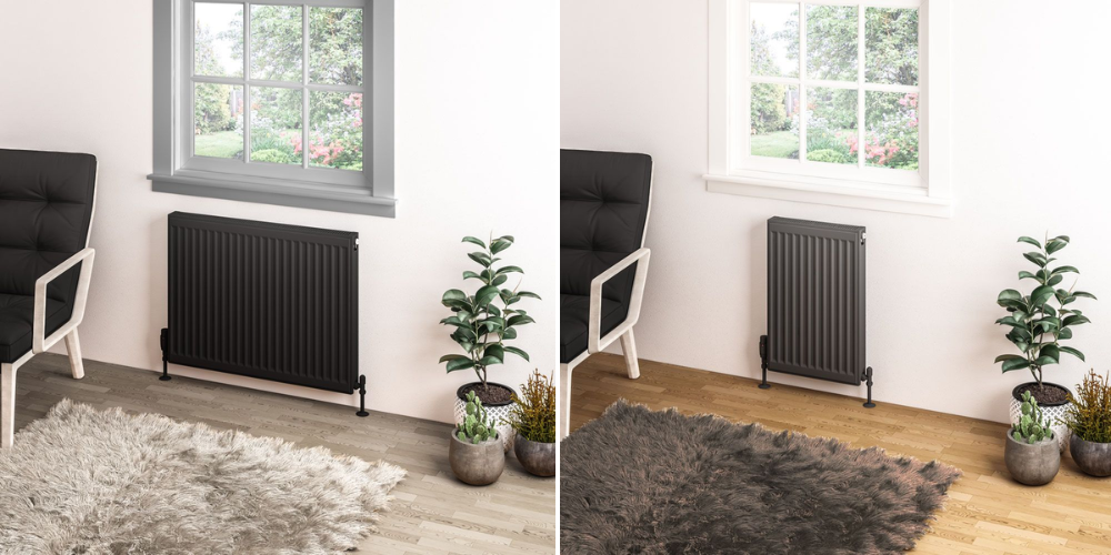 Two living rooms with black radiators under windows, grey armchairs, potted plants, and fluffy rugs