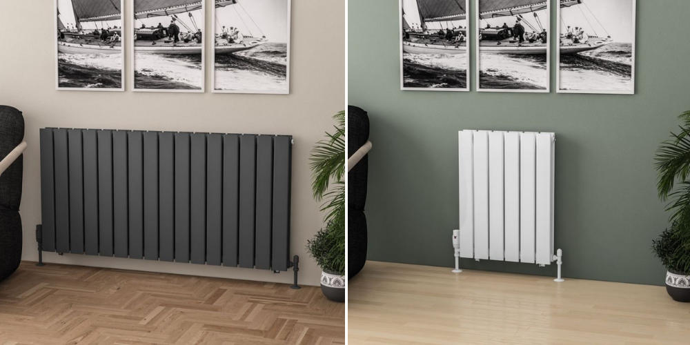Split image of modern radiators: grey radiator on beige wall with nautical artwork; white radiator on green wall