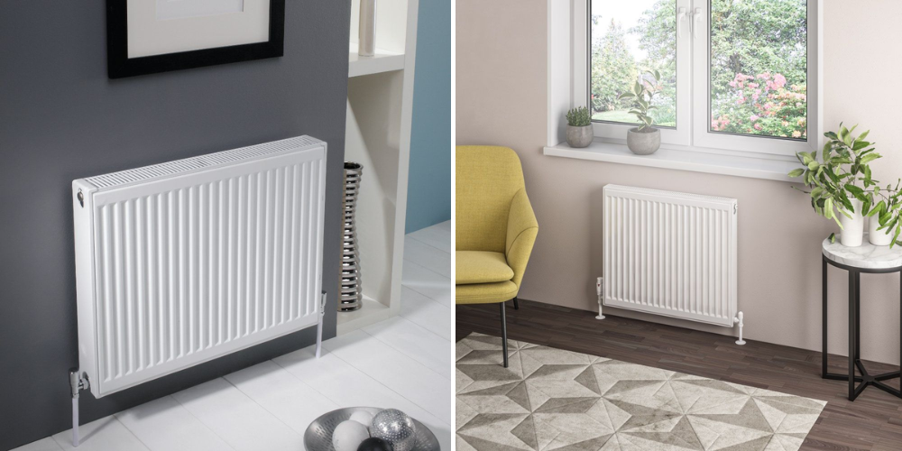 White radiators in modern rooms: left on grey wall with geometric decor; right under window with nearby plants