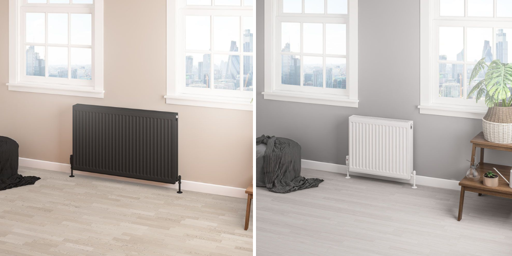 Rooms with radiators under windows and city views: left black radiator on beige wall; right white radiator on grey wall