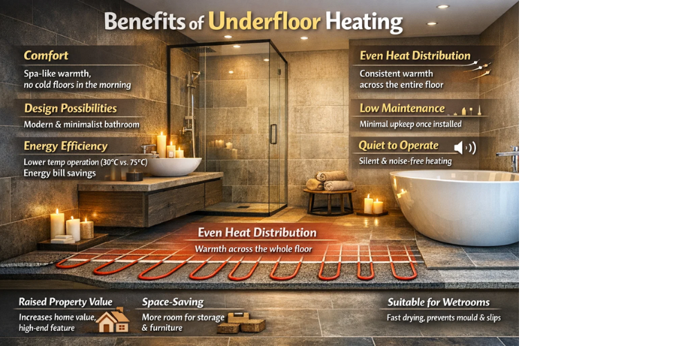 Luxurious modern bathroom highlighting underfloor heating benefits: even heat, energy efficiency, spa-like warmth, low maintenance, quiet operation