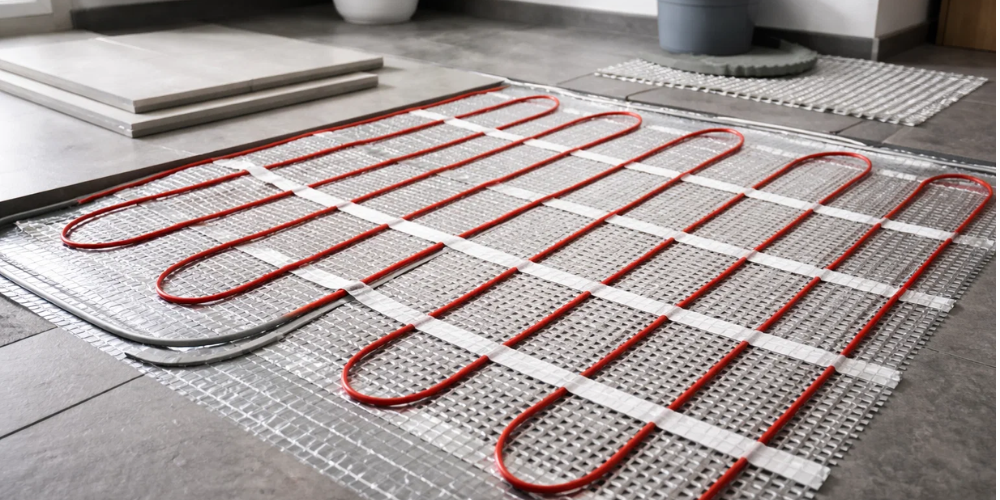 Underfloor heating installation on gray tile floor, red heating wires laid in loops on silver mesh mat for modern bathroom heating