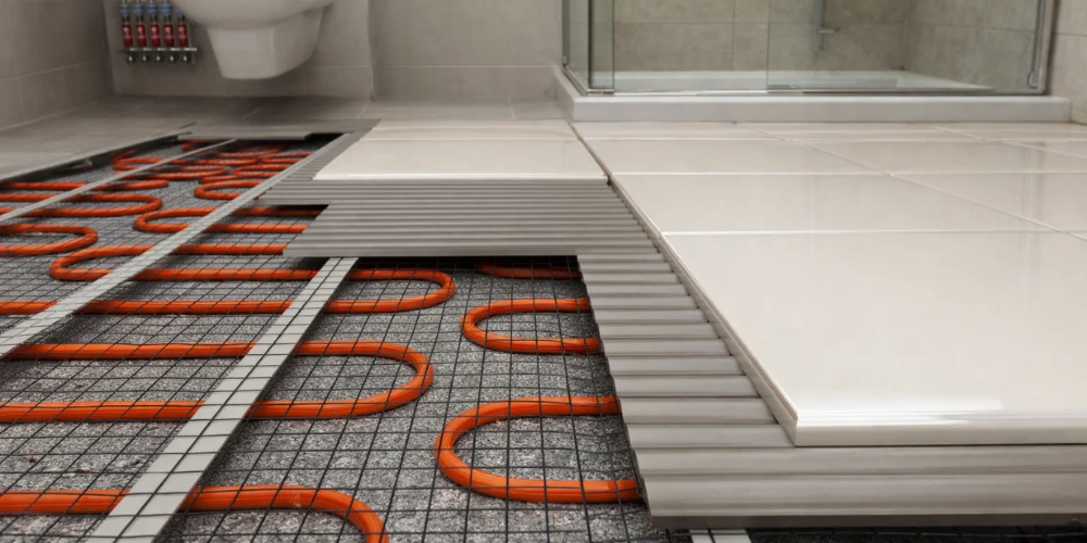 Underfloor heating system with orange coils beneath white tiles in a modern bathroom