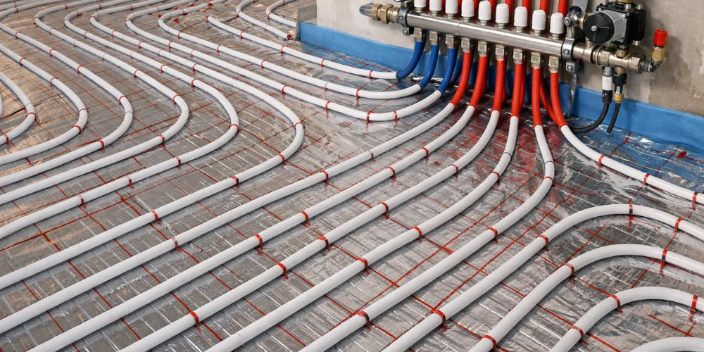 Underfloor heating pipes and tubes connected to metal manifold, organized network of red and blue tubing for efficient home heating