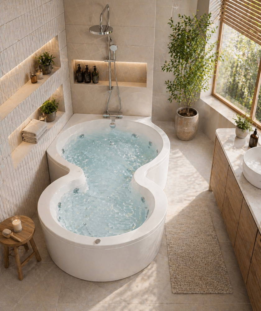 Figure 8 shaped whirlpool bath with candles, soft lighting, and tiled surround in a modern bathroom.