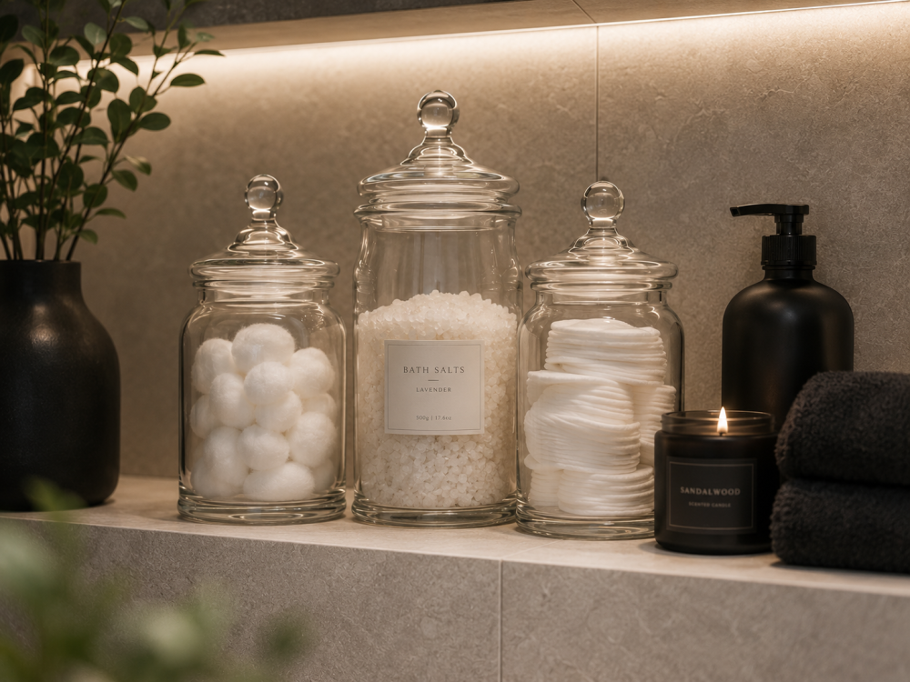 A serene bathroom featuring neatly arranged white towels, lit candles, and decorative jars on a countertop