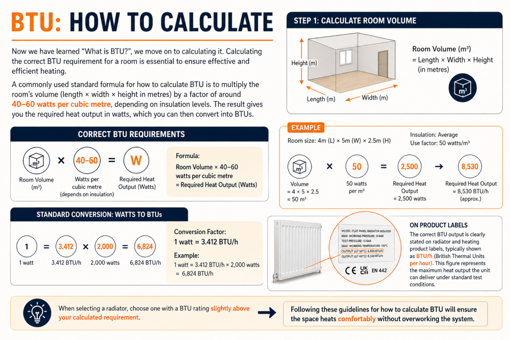 BTU calculation steps infographic showing room volume, heat output in watts, and BTU conversion formula.
