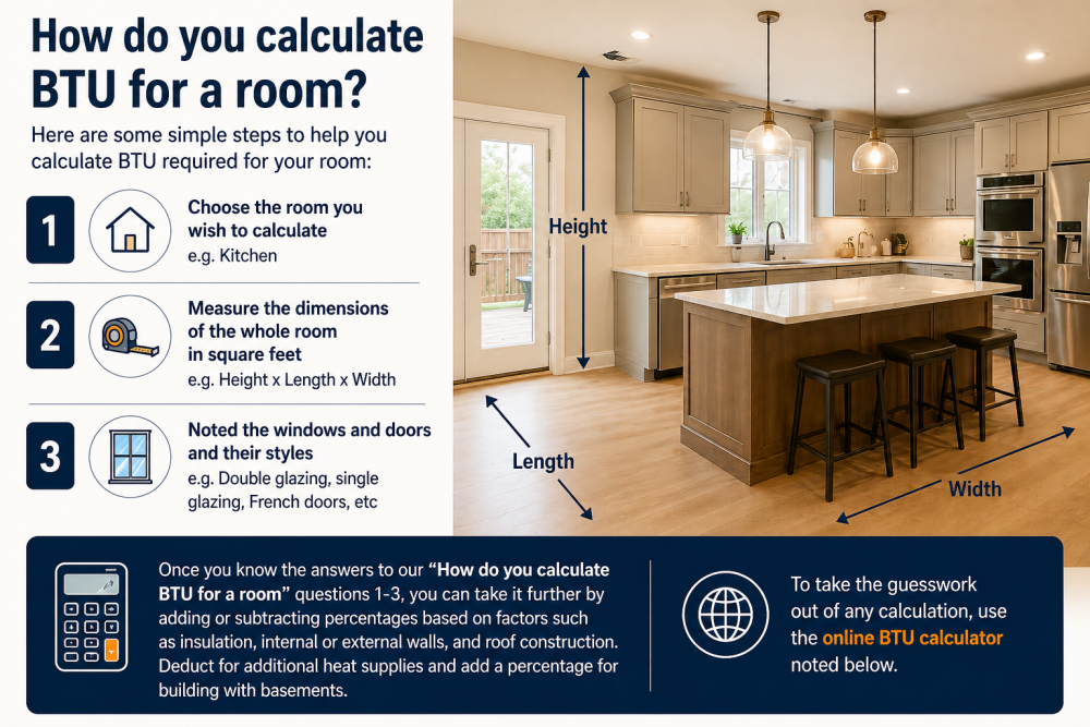 BTU calculator guide showing how to measure a room and account for windows and doors for accurate radiator sizing.