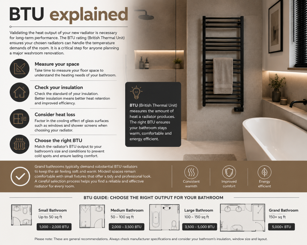 BTU bathroom heating infographic showing radiator selection guide, insulation tips, and towel rail sizing for different room sizes.