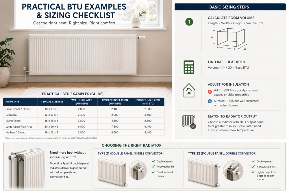 BTU calculator infographic showing radiator sizing steps, heat output examples, and selection checklist.