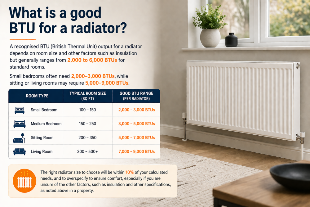Radiator BTU chart showing recommended heat output ranges for different room sizes.
