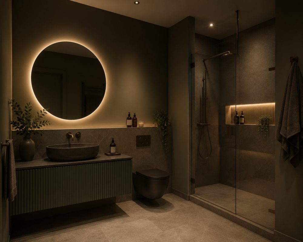 Backlit circular mirror above grey countertop basin with dark cabinetry and open shower area.