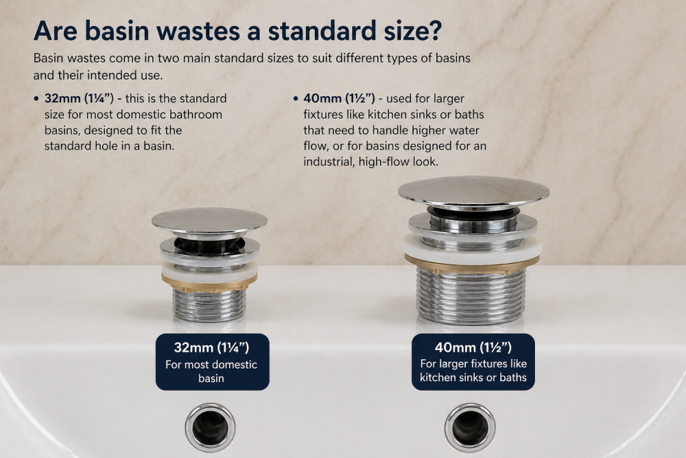 Basin waste size comparison showing 32mm waste for standard basins and 40mm waste for larger sinks and baths.