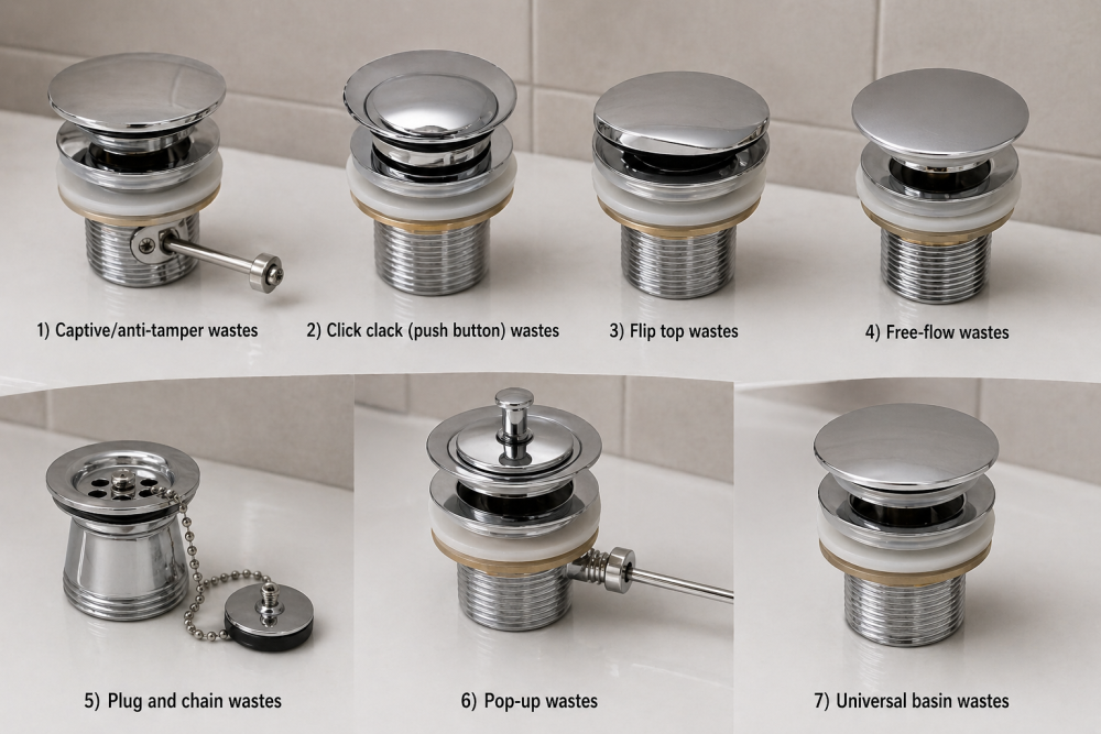 Basin waste types comparison including click clack, flip top, pop-up, free-flow, and plug and chain wastes.