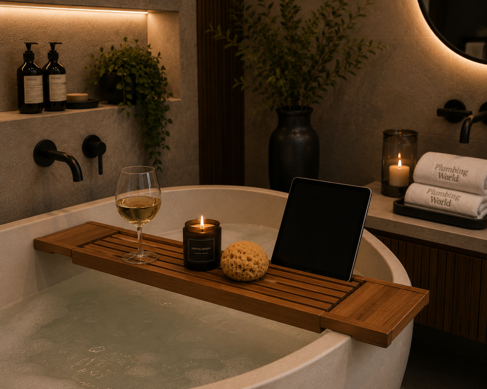 A relaxing bathroom scene featuring a bathtub filled with water, a wooden bath tray holding a glass of wine, a lit candle, a sponge, and an iPad.