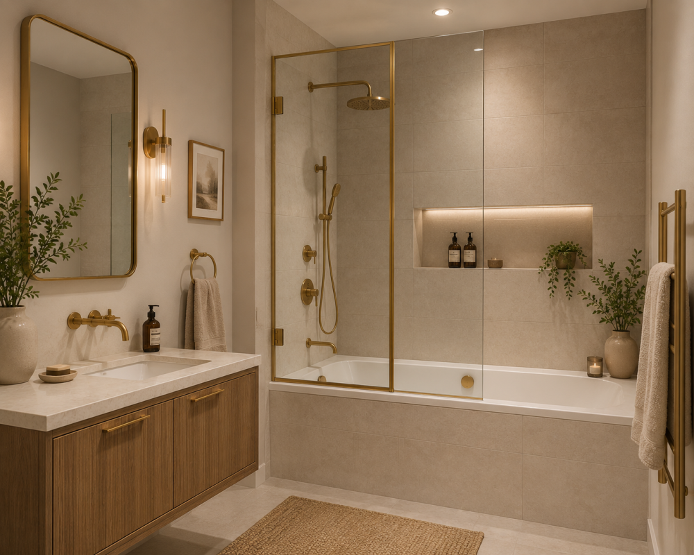 Walk-in shower with glass panels and brushed brass hardware, paired with a wooden vanity and white countertop.