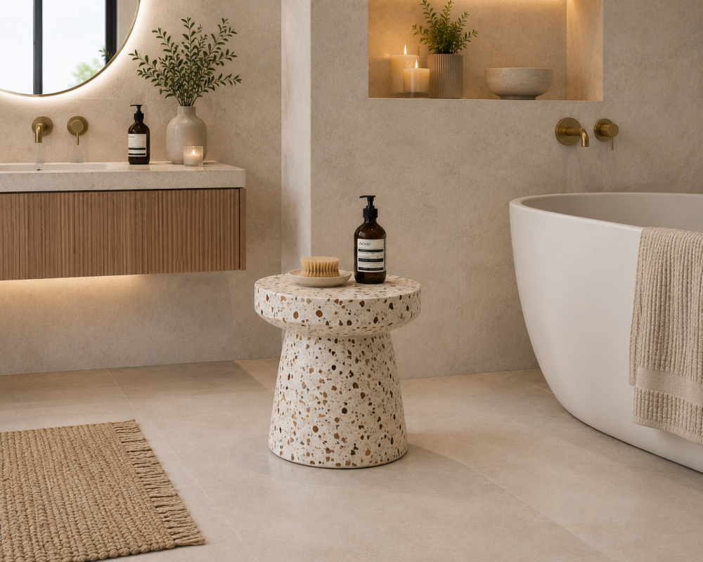 bathroom featuring a freestanding white bathtub, a round mirror above a wooden vanity with candles and decorative items, and a terrazzo bathroom stool in the foreground.