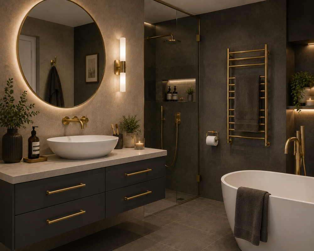 Freestanding bath beneath a round backlit mirror, stone basin, indoor plants, and brushed brass hardware.