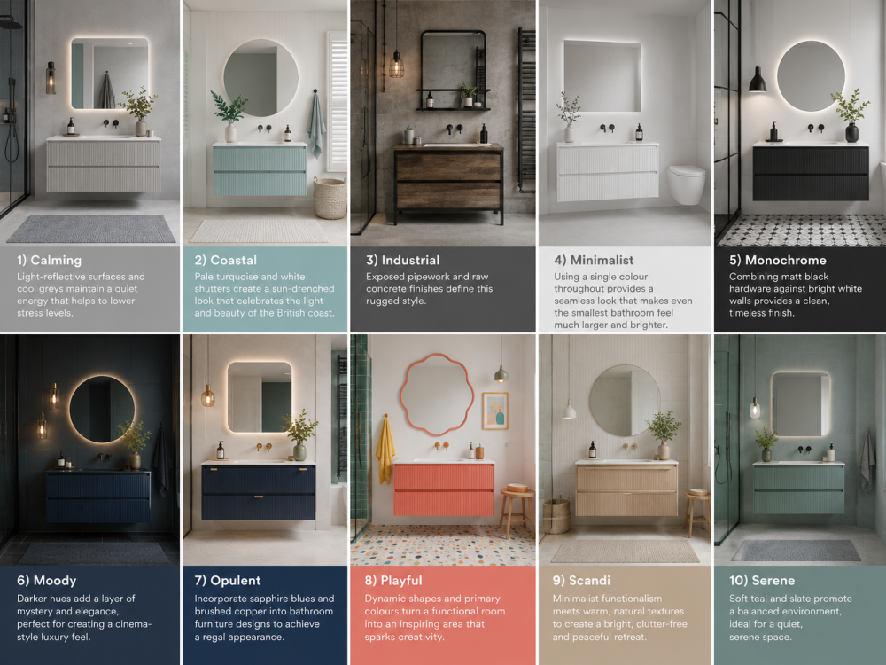 Bathroom design style grid comparing calming, coastal, industrial, minimalist, monochrome, Scandi, and opulent interiors.