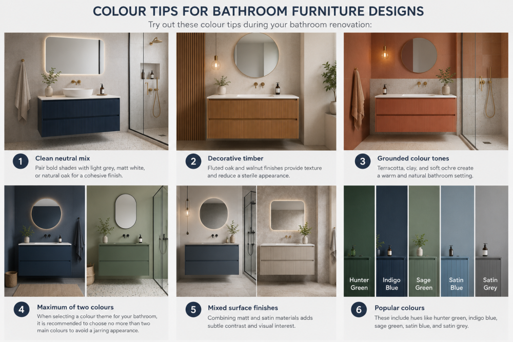Bathroom furniture colour guide showing neutral palettes, timber finishes, hunter green units, and indigo blue vanity ideas.