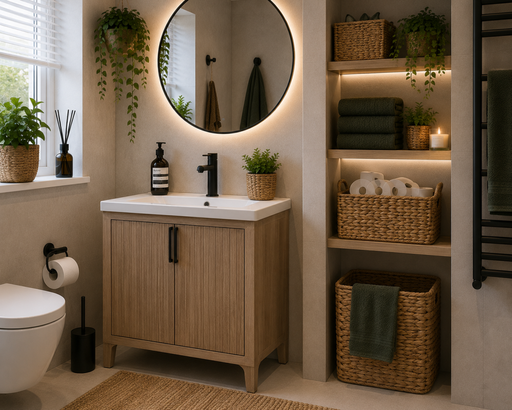 Wood cabinet beneath round mirror with stacked towels, woven storage baskets, and countertop plants.