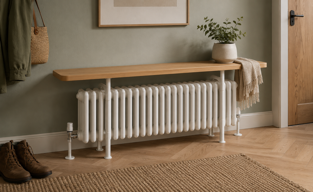 Hallway scene with white radiator shelf, coat hooks, boots, and decorative plant on top surface.
