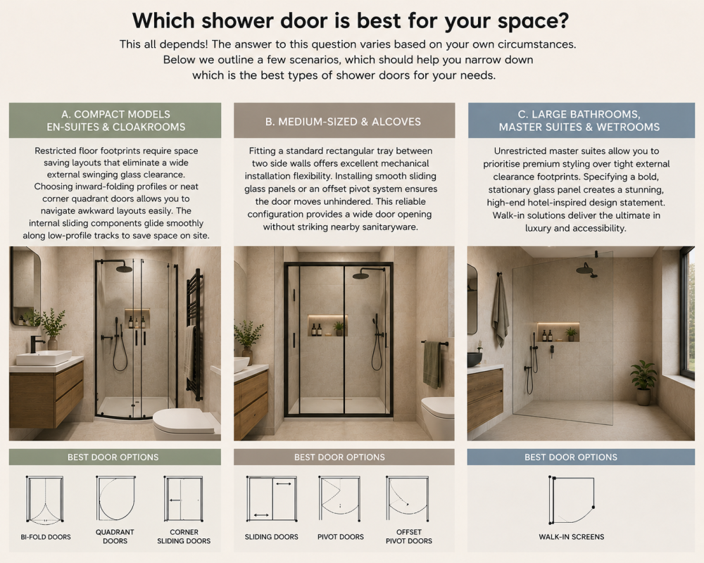 Shower door buying guide infographic comparing bi-fold, sliding, hinged, and walk-in shower enclosures for different bathroom sizes.