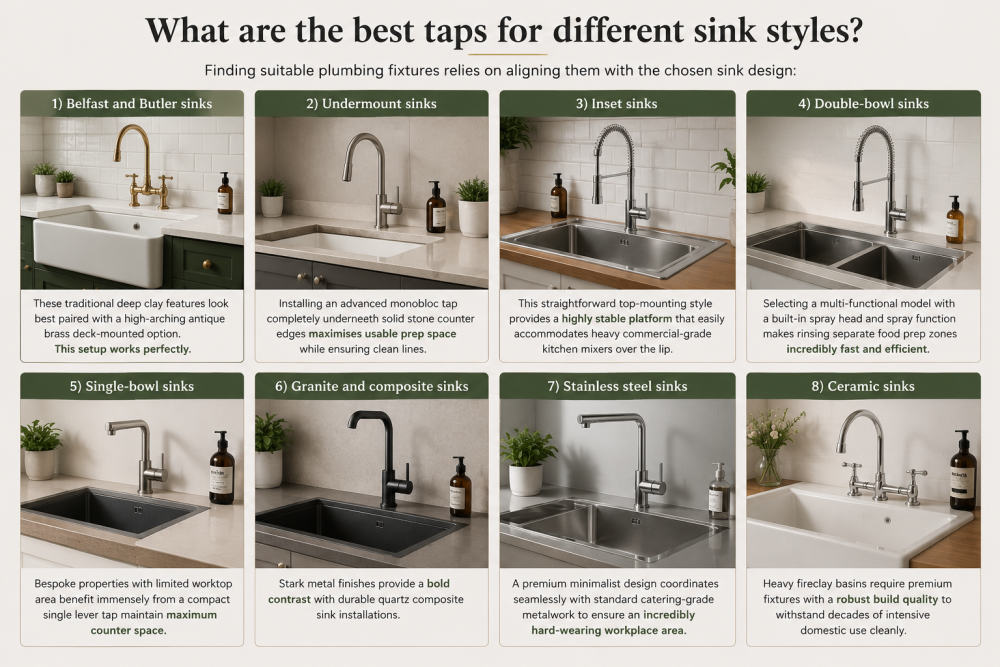 Kitchen tap guide showing suitable tap styles for Belfast, undermount, inset, composite, and stainless steel sinks.