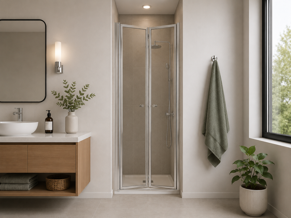 Bi-fold shower door fitted beside wood vanity unit, mirror, and towel rail in compact bathroom layout.