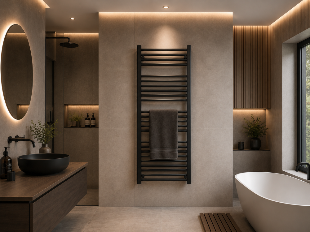 Black towel radiator mounted on tiled wall beside round mirror, basin unit, and freestanding bath.