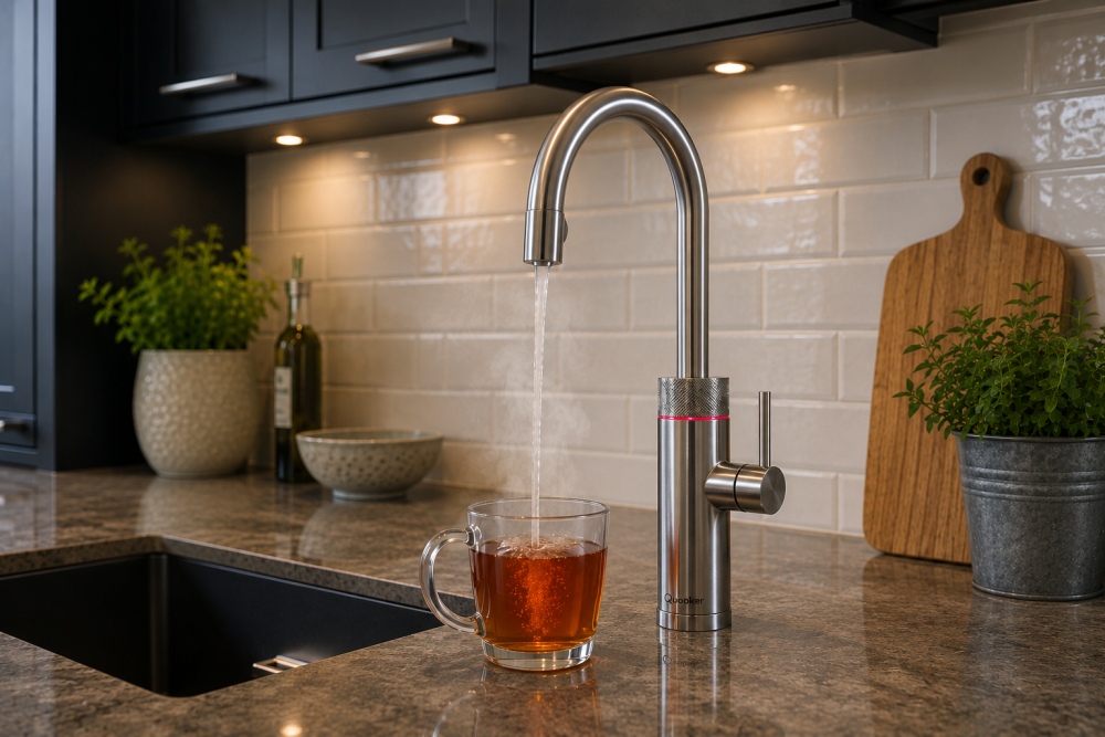 Boiling water kitchen tap pouring hot water into mug beside chopping board and olive oil bottles.