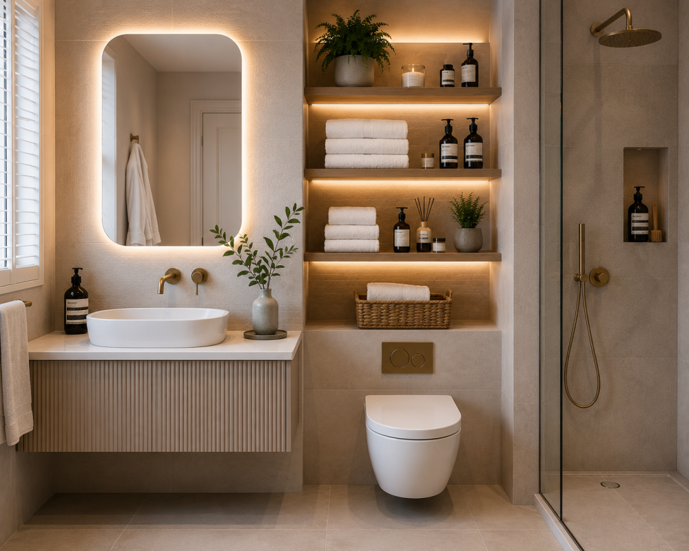 Wood vanity with round mirror, folded towels, display shelves, and enclosed shower area.