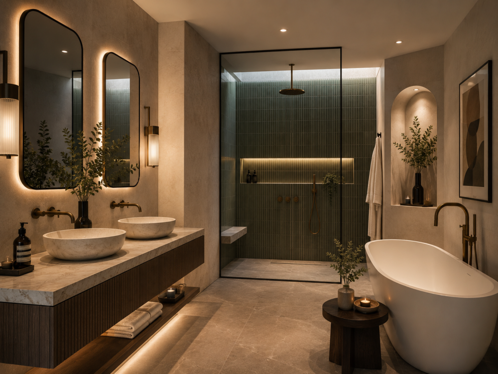 Double sink bathroom layout with freestanding bathtub, walk-in shower, oversized mirrors, and soft layered lighting.