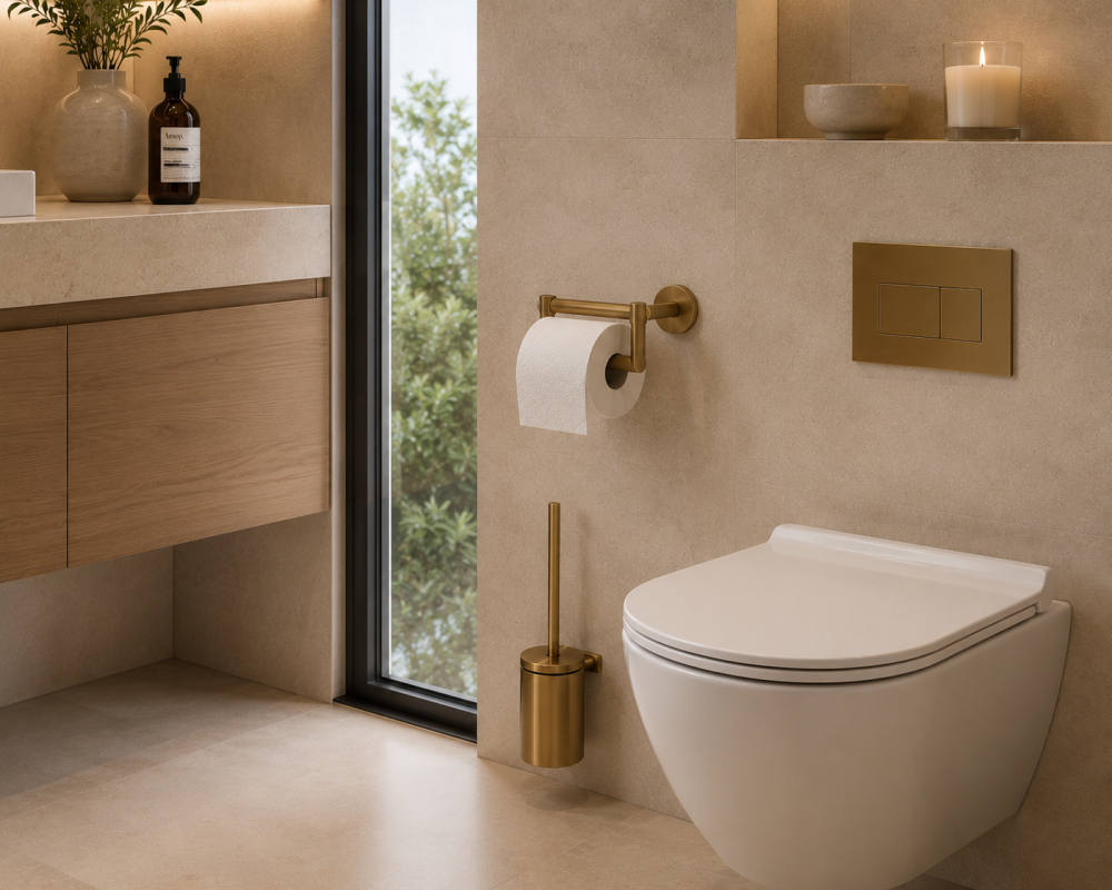A well-lit bathroom with a toilet and a sink, highlighting a minimalist design
