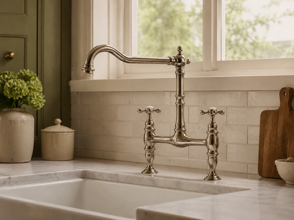 Vintage-style silver kitchen tap above marble sink with wooden boards and greenery near window.