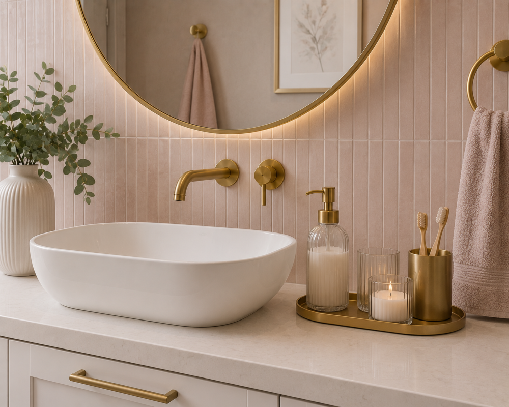 Basin close-up featuring brushed brass tap, eucalyptus stems in a vase, candle, and toiletries arranged on a tray.
