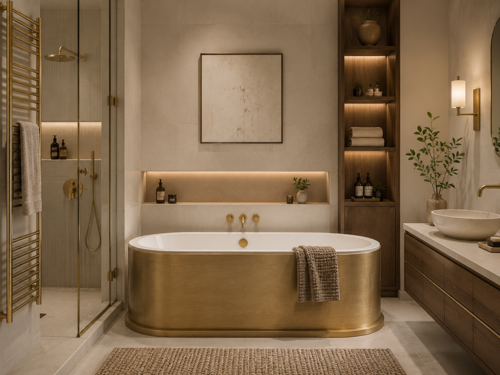 Bath area with brushed brass fittings, illuminated wall shelving, neatly stacked towels, and decorative greenery.