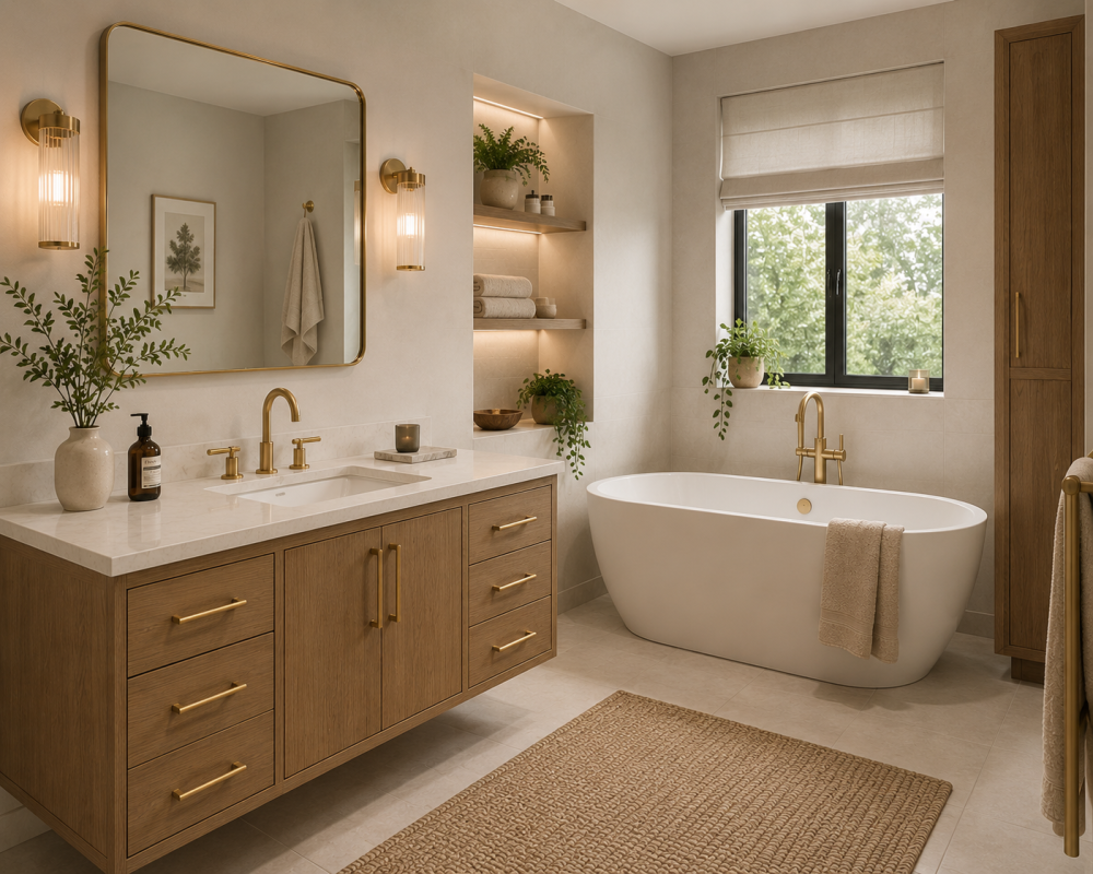 Freestanding bath beside wooden cabinetry, brushed brass fixtures, neutral décor, and warm ceiling lighting.